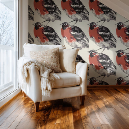 Folk Cardinal large scale wallpaper in a styled room