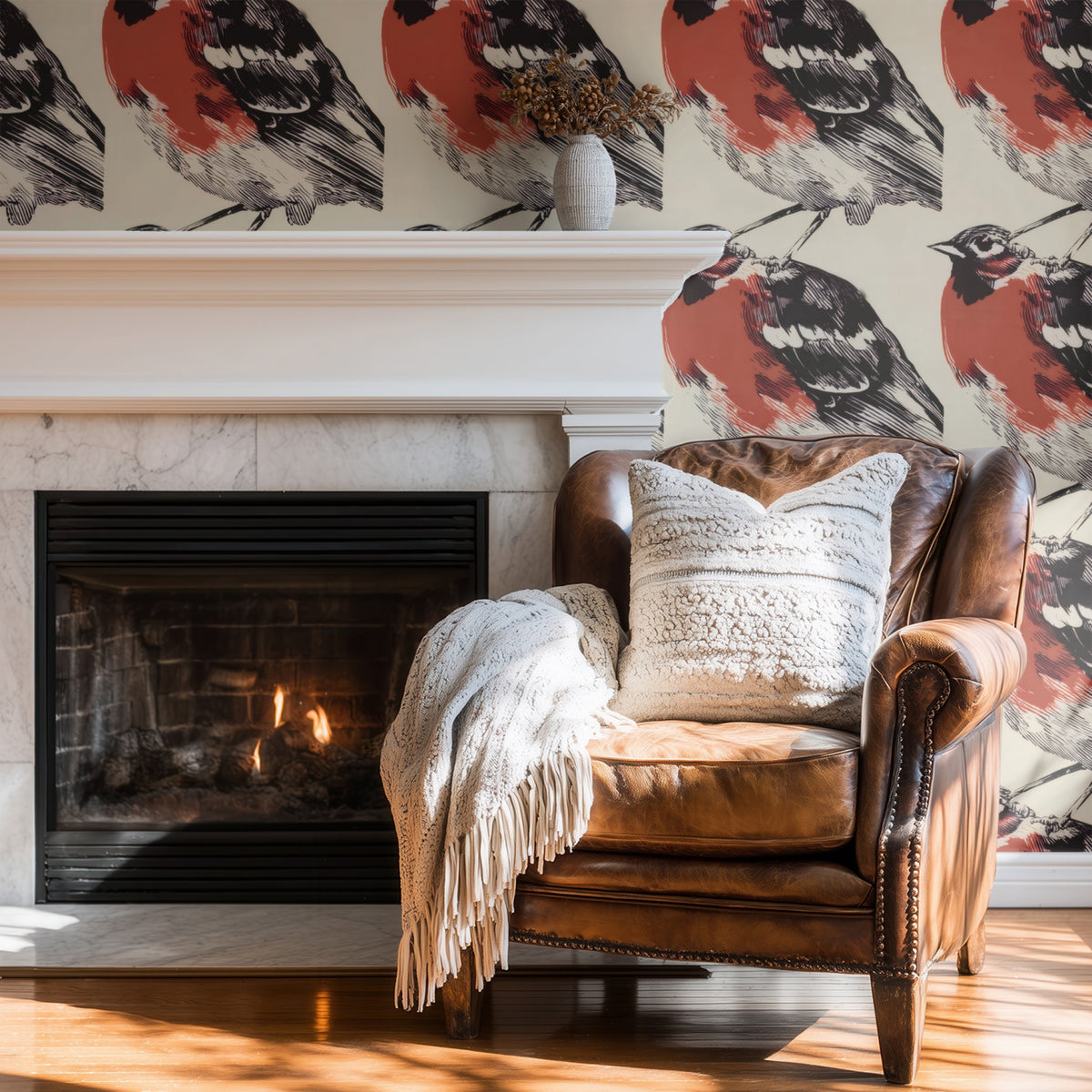 Folk Cardinal large scale wallpaper in a styled room