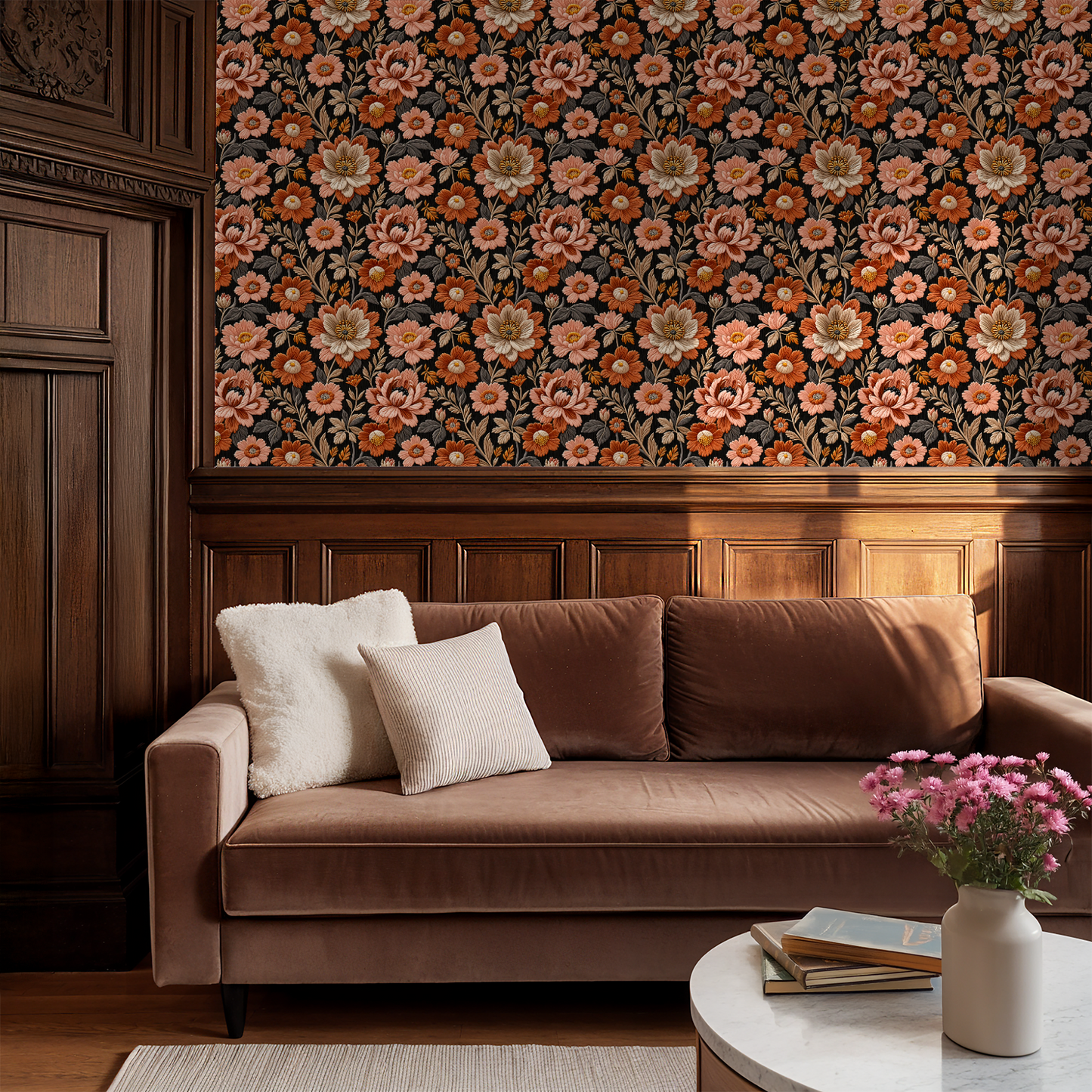 Antique Coral Floral Wallpaper