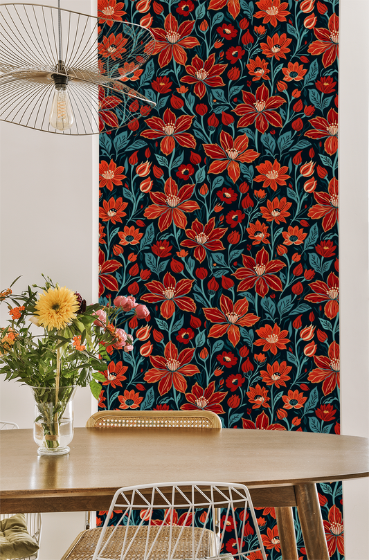 Art Deco Crimson Floral Wallpaper