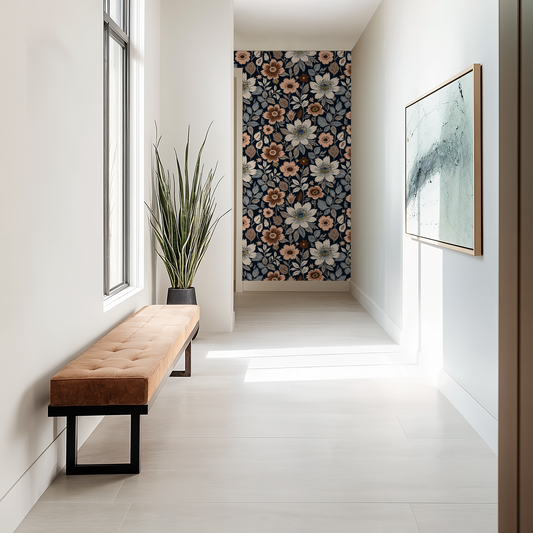 Floral Navy Retro Wallpaper
