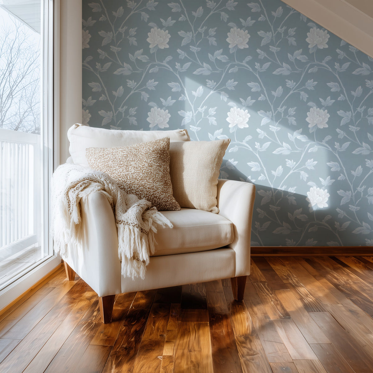 Frosted Vine large scale wallpaper in a styled room