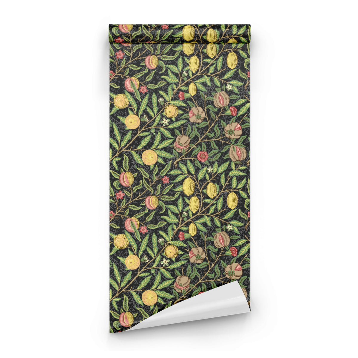 Black Botanical Wallpaper roll close-up showing the dark fruit drawing in close Victorian Morris detail