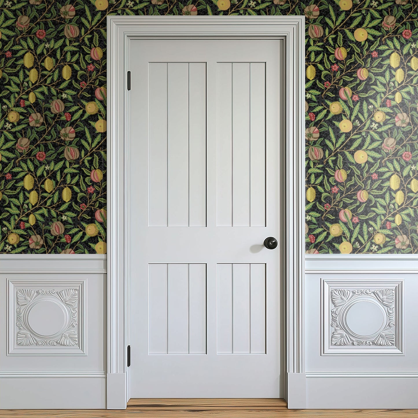 Black Botanical Wallpaper shown in a second room with the dark Morris fruit reading as atmospheric library-style decoration