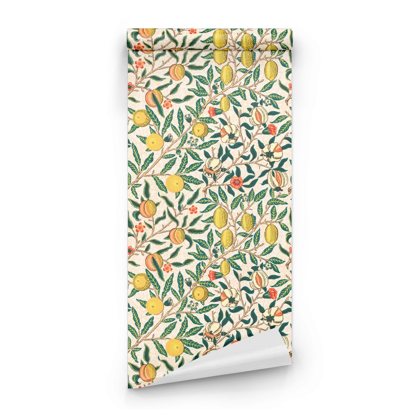 Cream Botanical Wallpaper roll preview showing the fruit drawing in close cream Victorian Morris detail