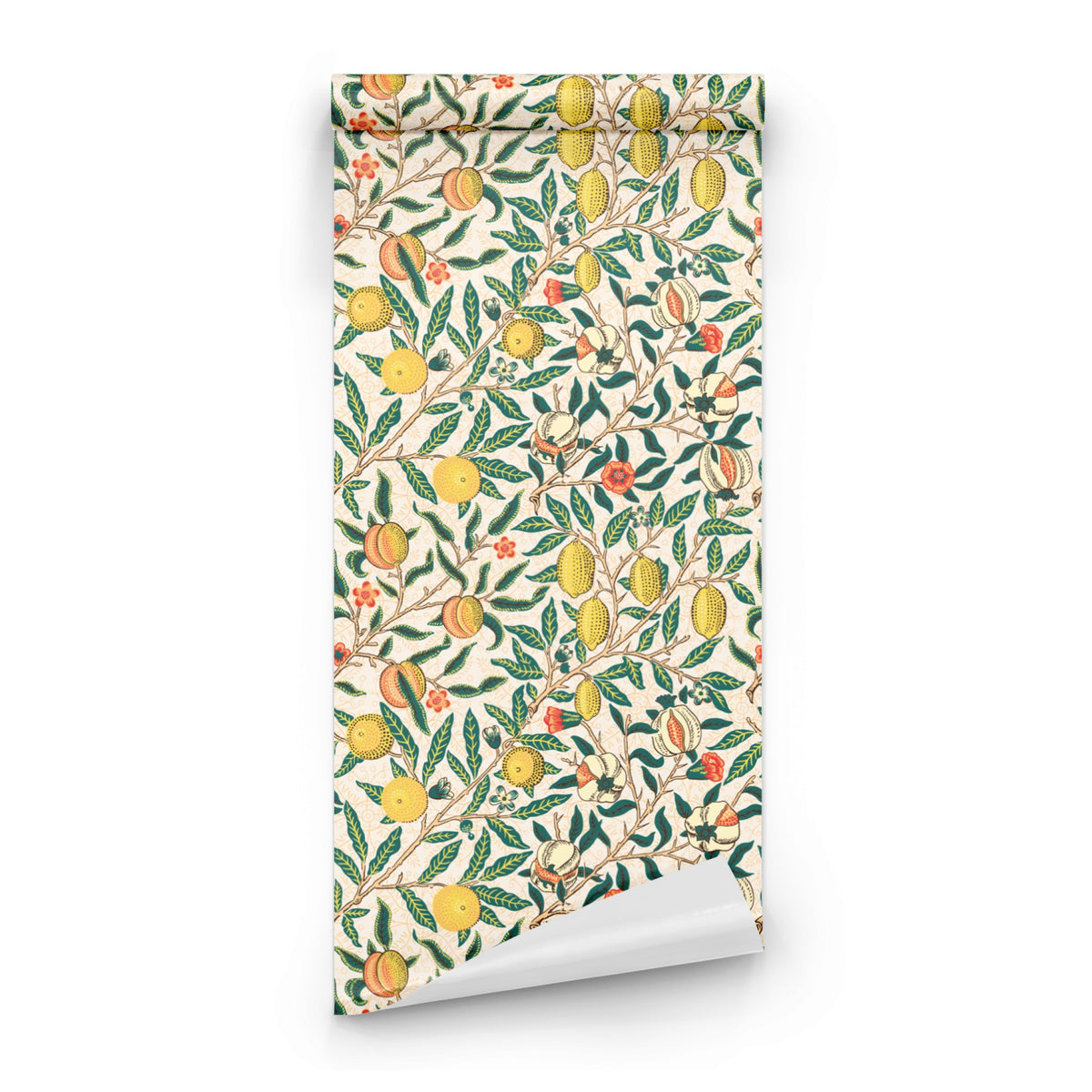 Cream Botanical Wallpaper roll preview showing the fruit drawing in close cream Victorian Morris detail