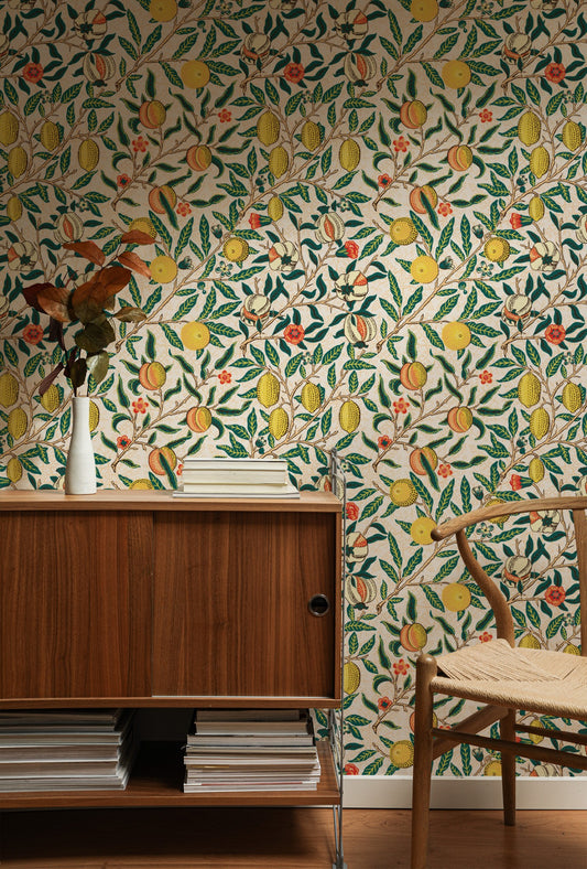 Cream Botanical Wallpaper installed on a room wall with the Morris fruit and pomegranate design in cream Victorian palette