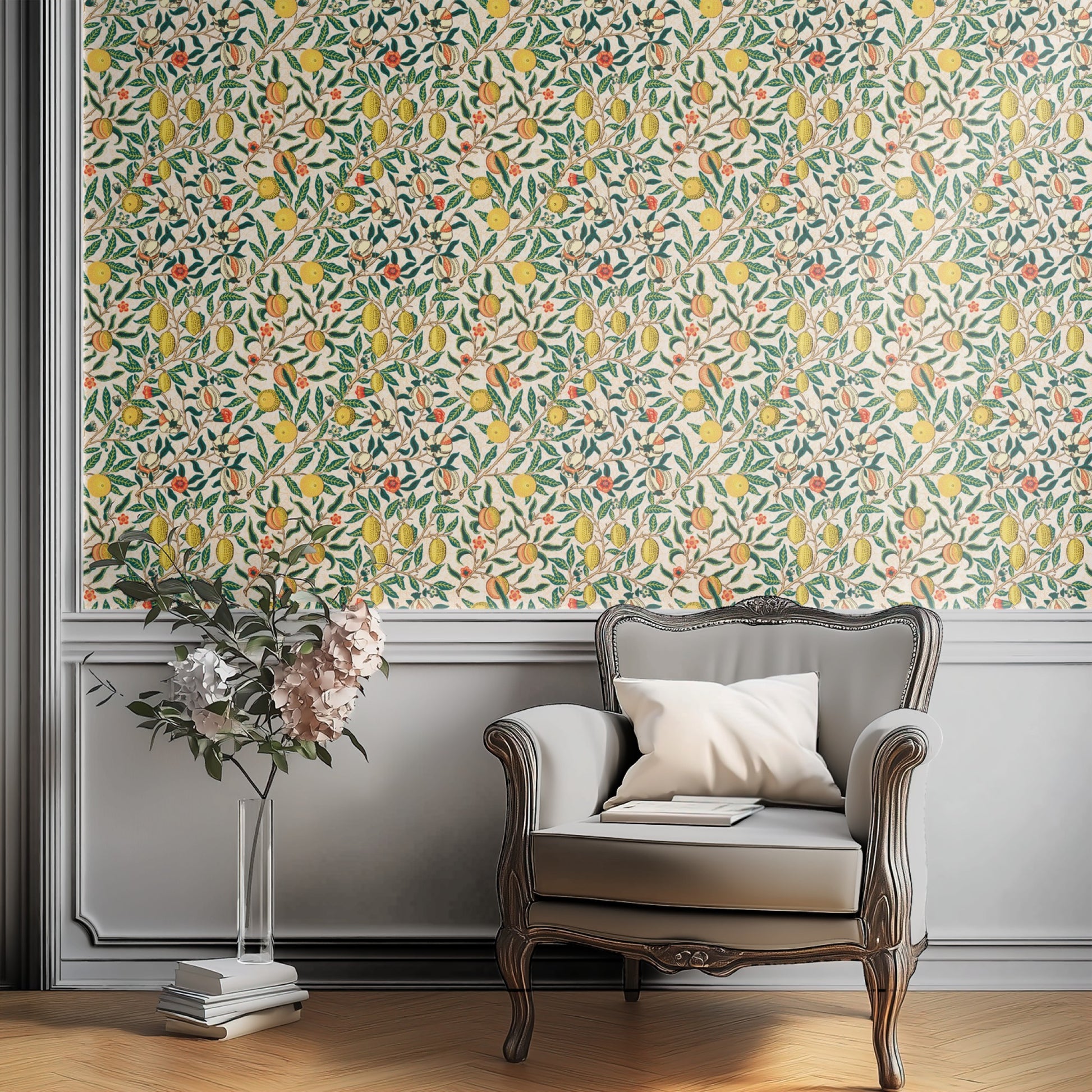 Cream Botanical Wallpaper shown in a second interior with the light Morris fruit reading as warmly traditional Morris decoration