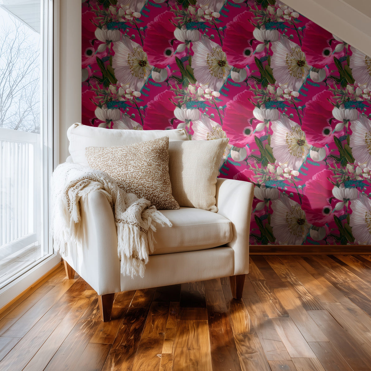 Fuchsia Fern large scale wallpaper in a styled room