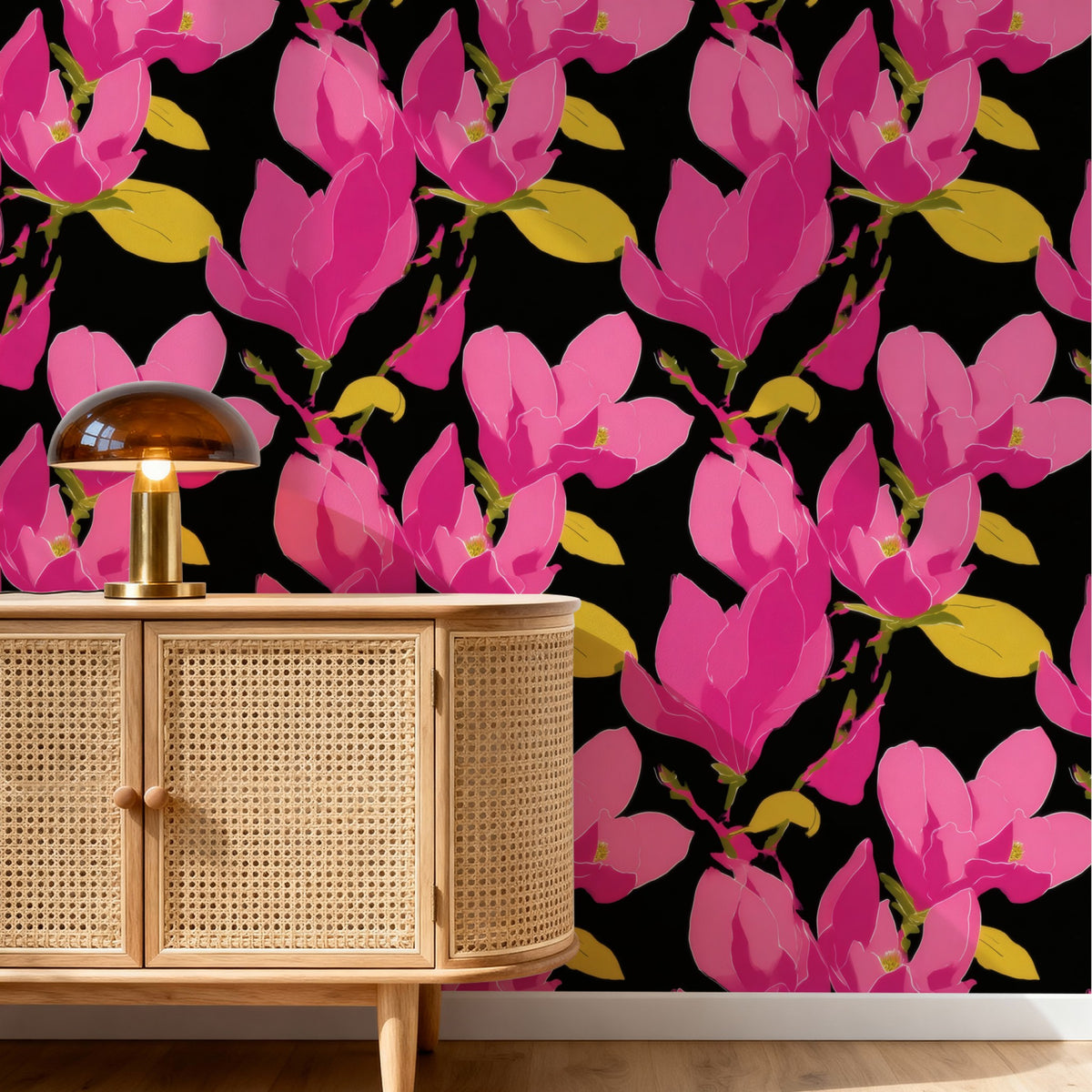 Fuchsia Magnolia large scale wallpaper in a styled room