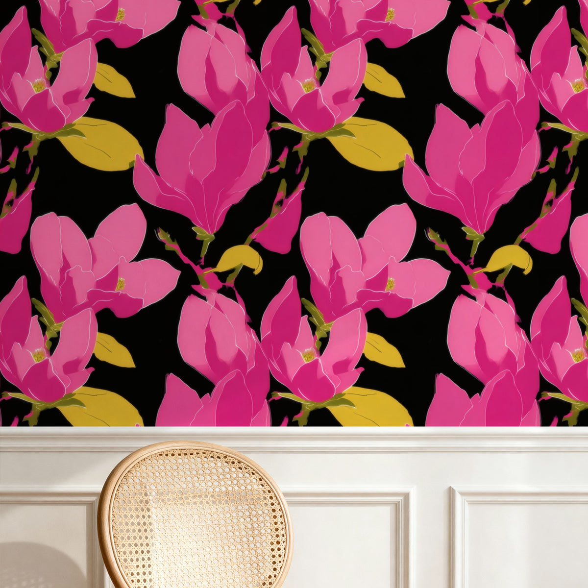 Fuchsia Magnolia large scale wallpaper in a styled room