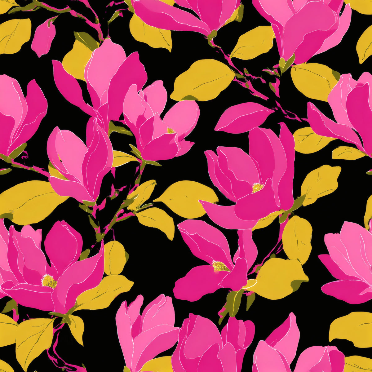 Flat hot pink magnolia flowers with mustard leaves on a black ground.