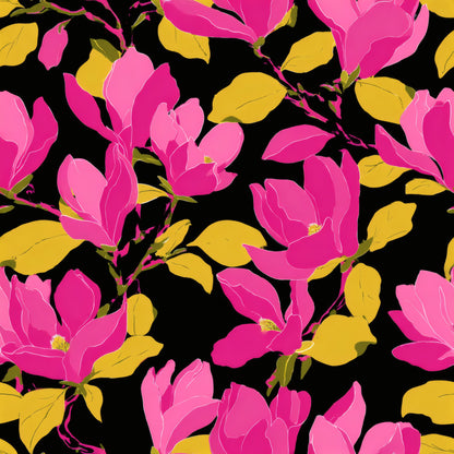 Flat hot pink magnolia flowers with mustard leaves on a black ground.