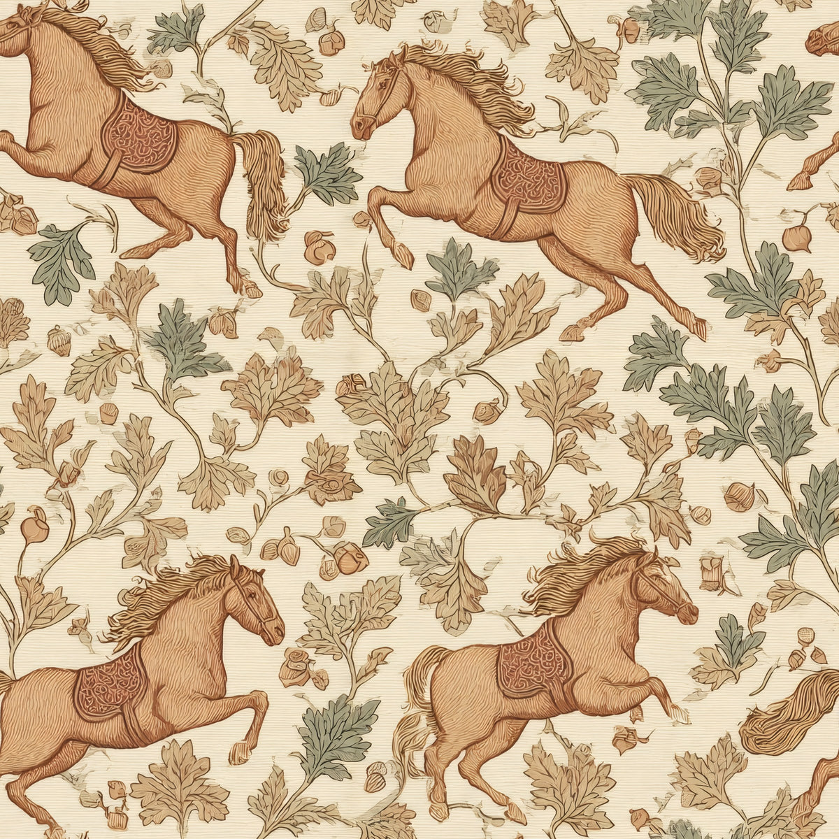 Galloping horses with saddles among oak leaves and acorns in sage, rust and cream.