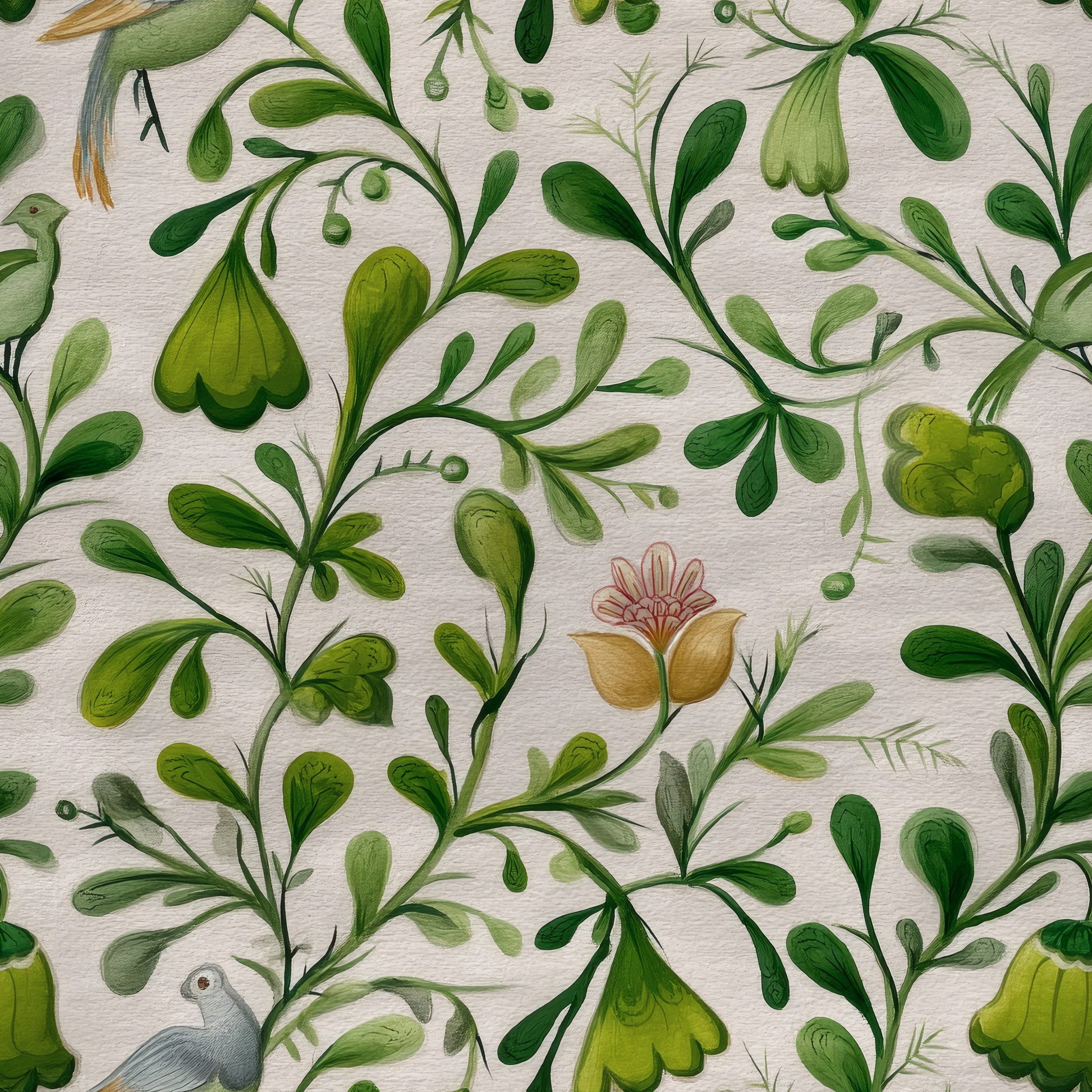 Looping green painted vines with bell flowers, ginkgo leaves and small birds on warm white.
