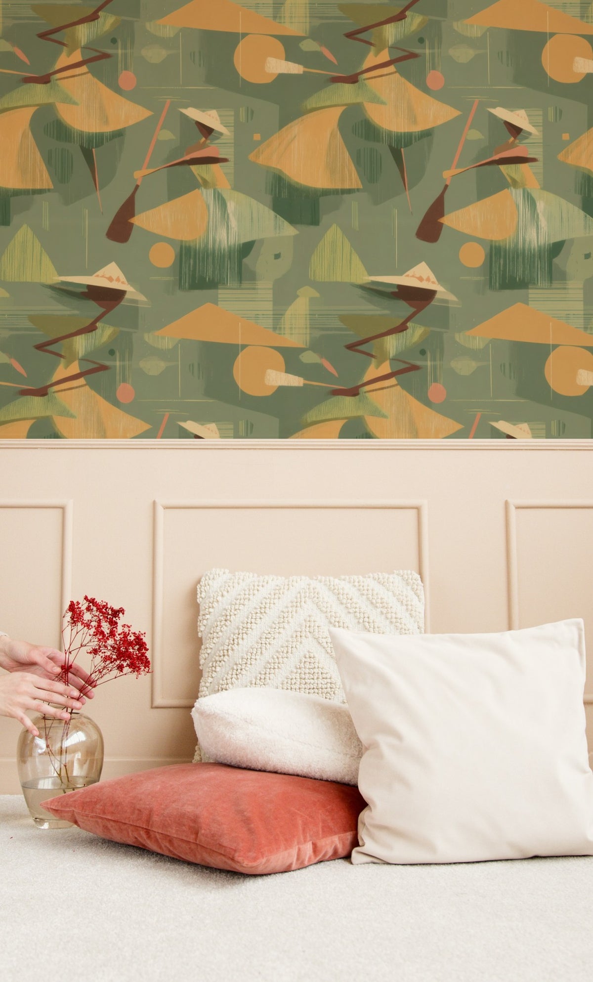 Geometric Paddlers large scale wallpaper in a styled room