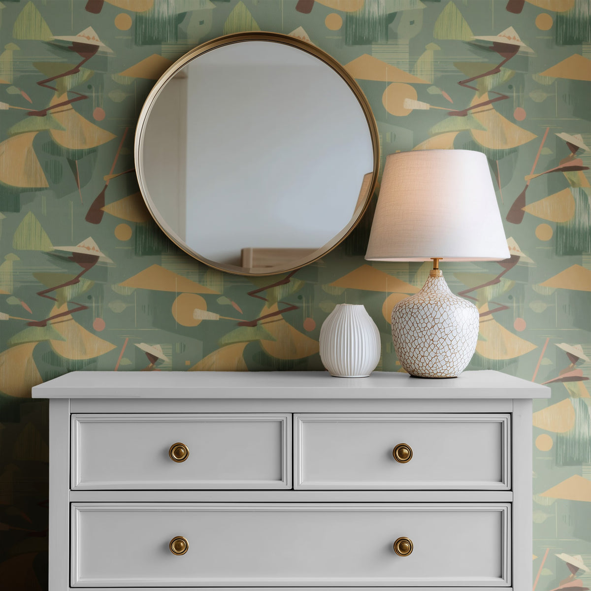 Geometric Paddlers large scale wallpaper in a styled room