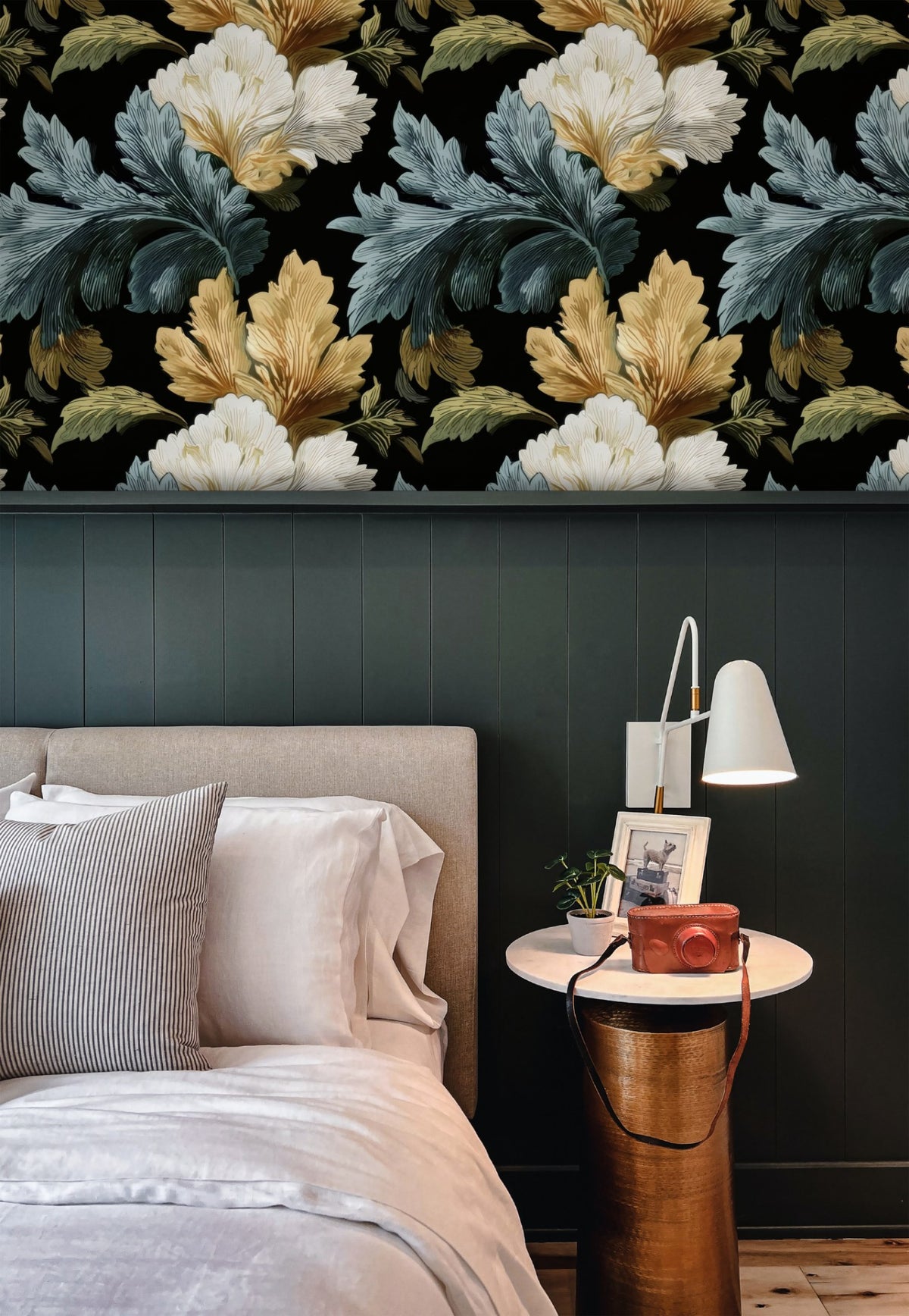 Gilded Acanthus large scale wallpaper in a styled room