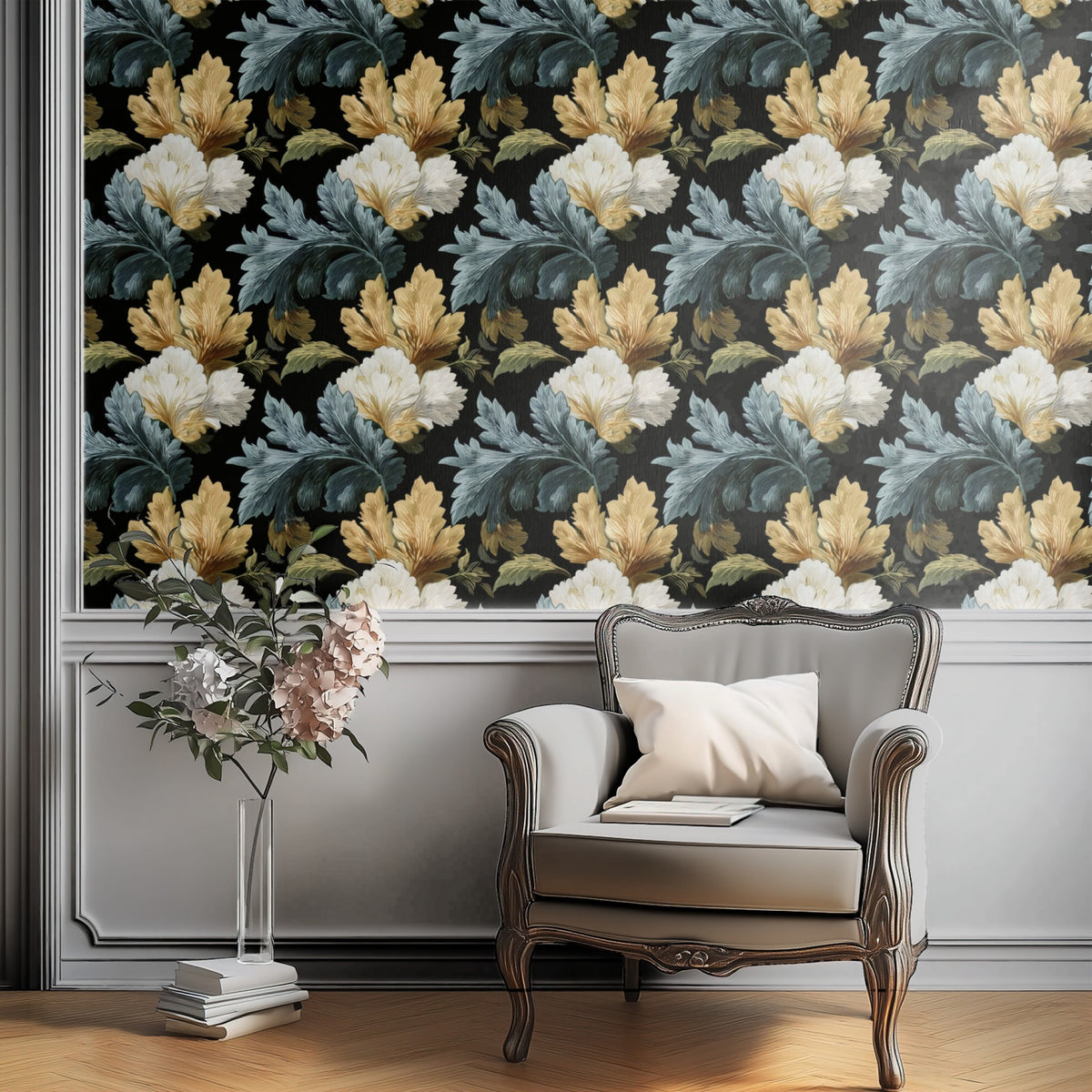 Gilded Acanthus large scale wallpaper in a styled room