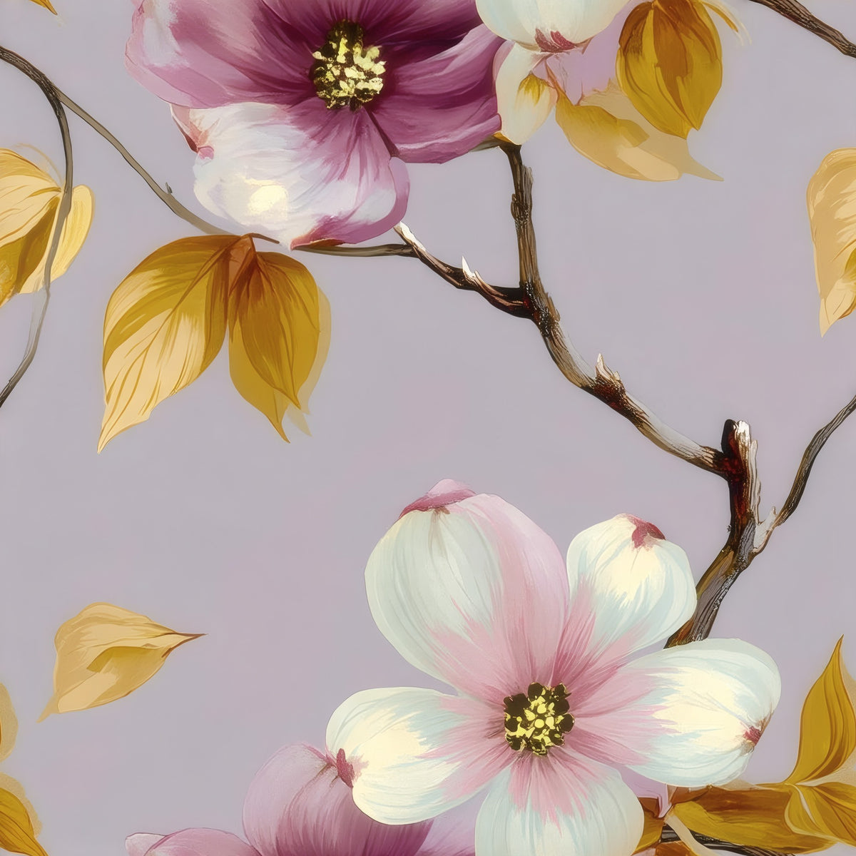 Gilded Dogwood large scale wallpaper pattern repeat
