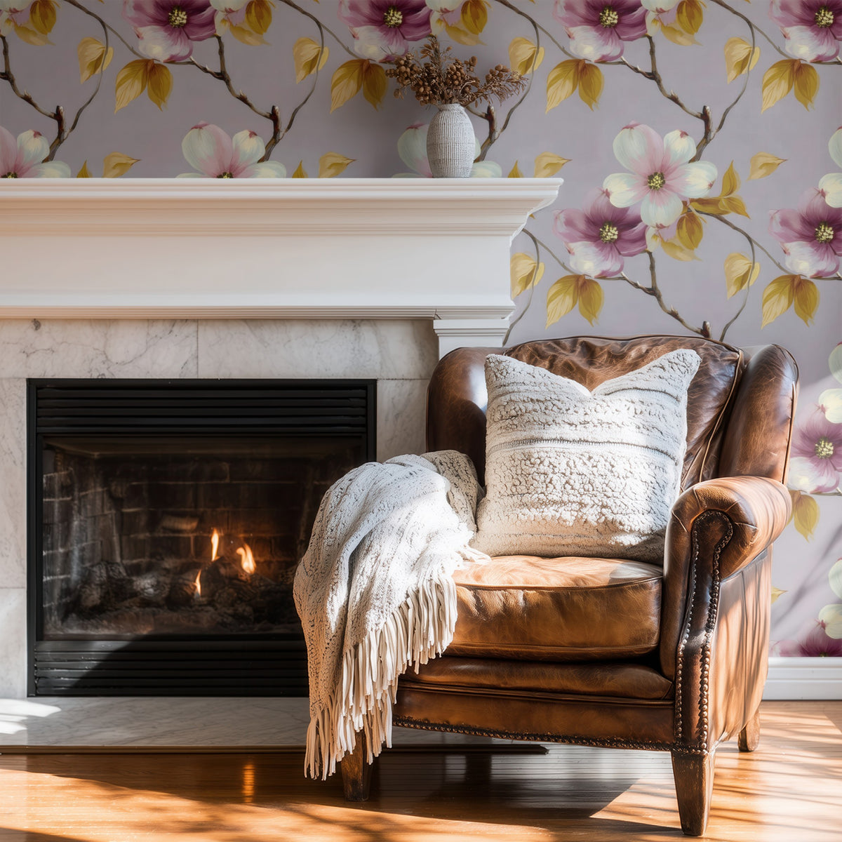 Gilded Dogwood large scale wallpaper in a styled room