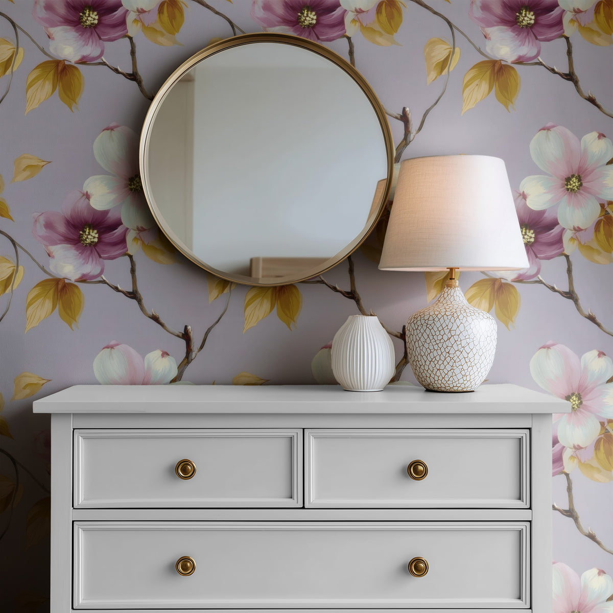 Gilded Dogwood large scale wallpaper in a styled room