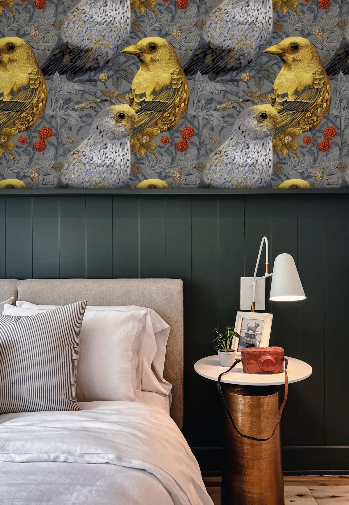 Gilded Finch large scale wallpaper in a styled room