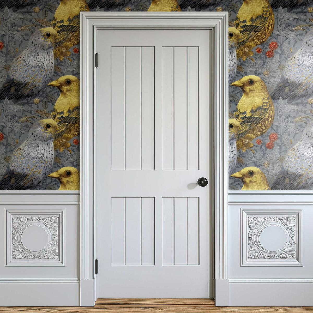 Gilded Finch large scale wallpaper in a styled room