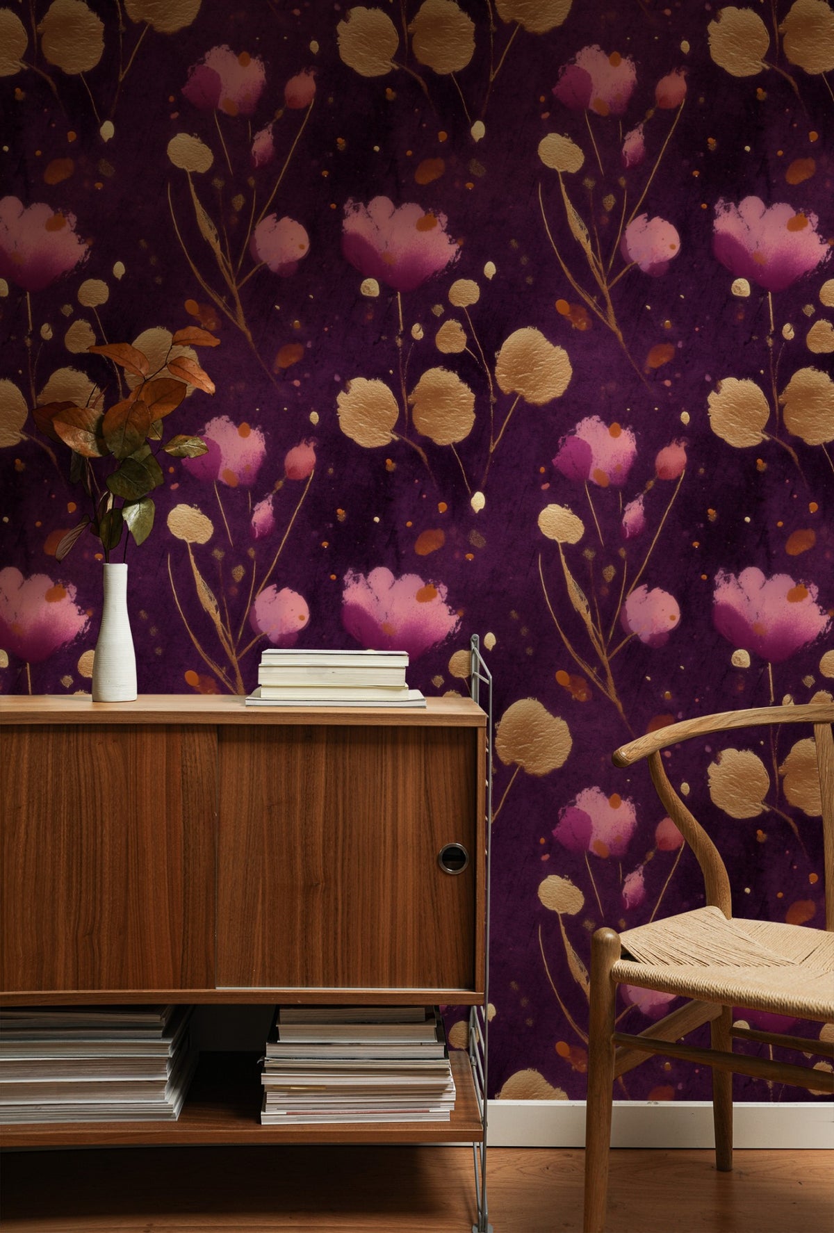 Gilded Plum large scale wallpaper in a styled room