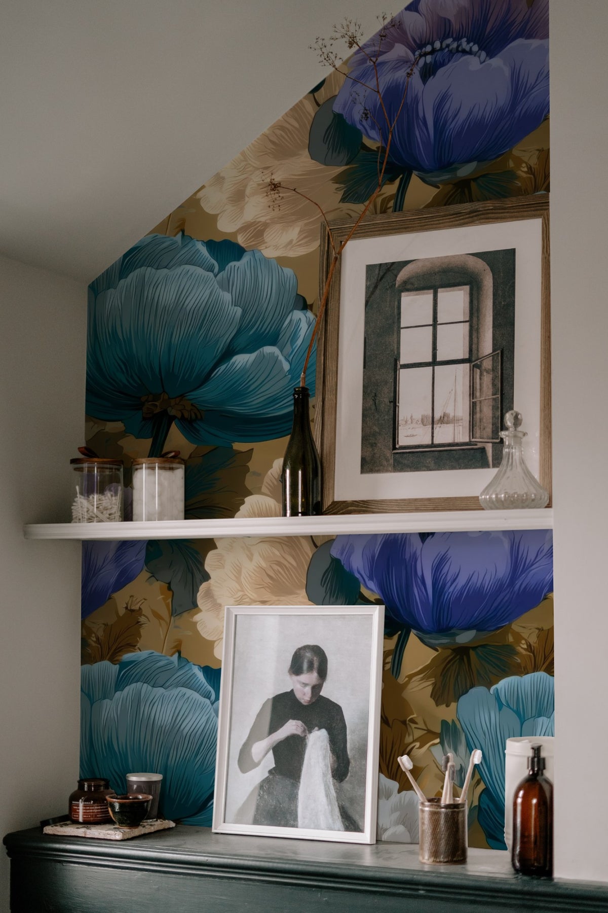 Gold Anemone large scale wallpaper in a styled room