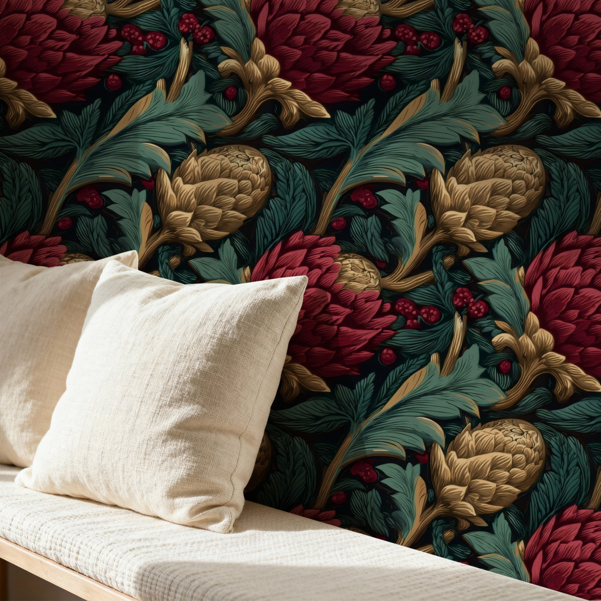 Gold Artichoke large scale wallpaper in a styled room