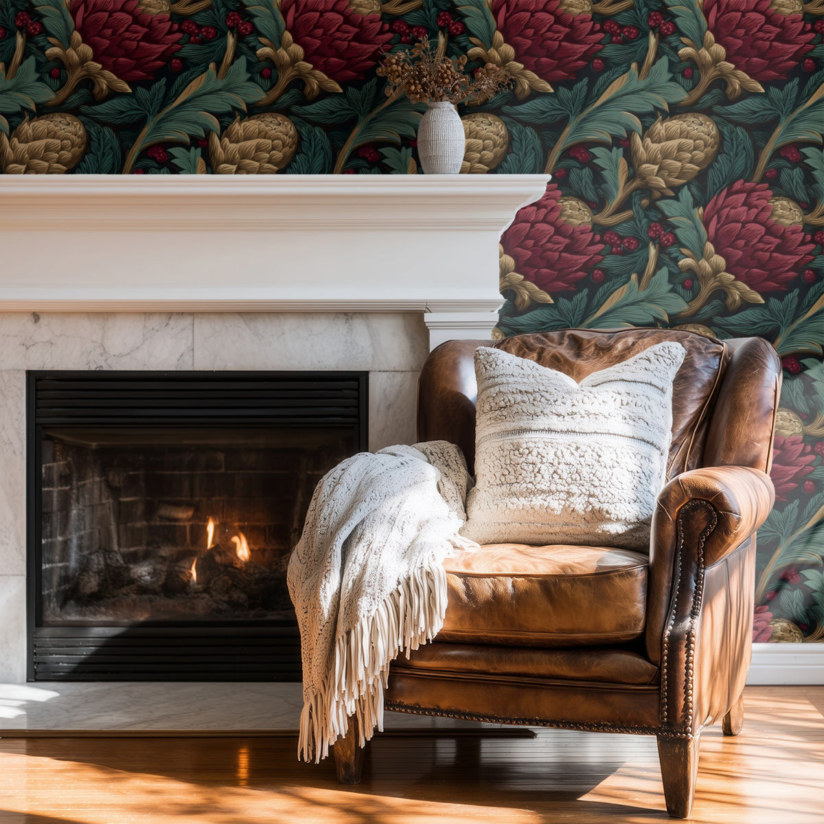 Gold Artichoke large scale wallpaper in a styled room