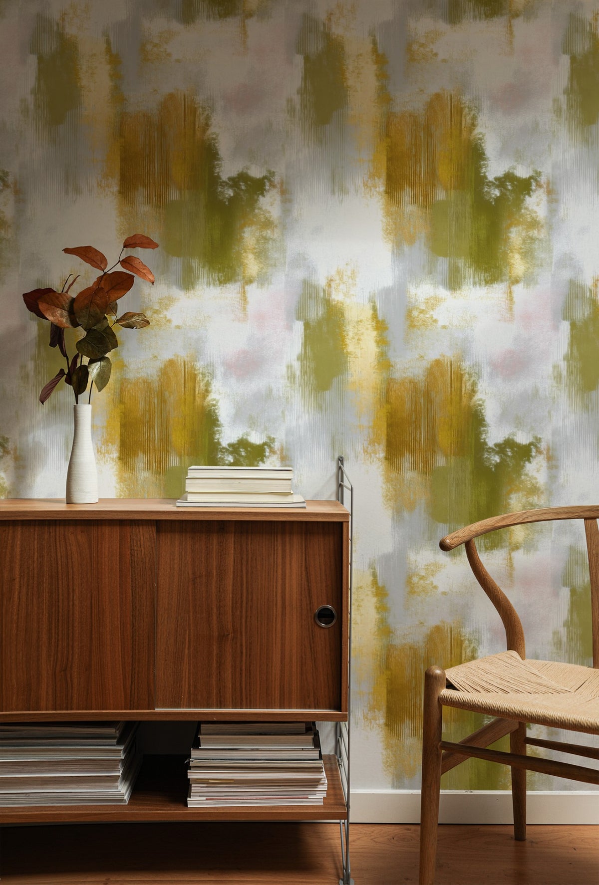 Gold Brushstroke large scale wallpaper in a styled room