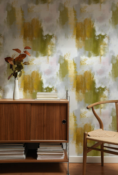 Gold Brushstroke large scale wallpaper in a styled room