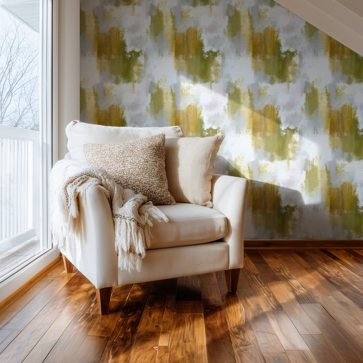 Gold Brushstroke large scale wallpaper in a styled room