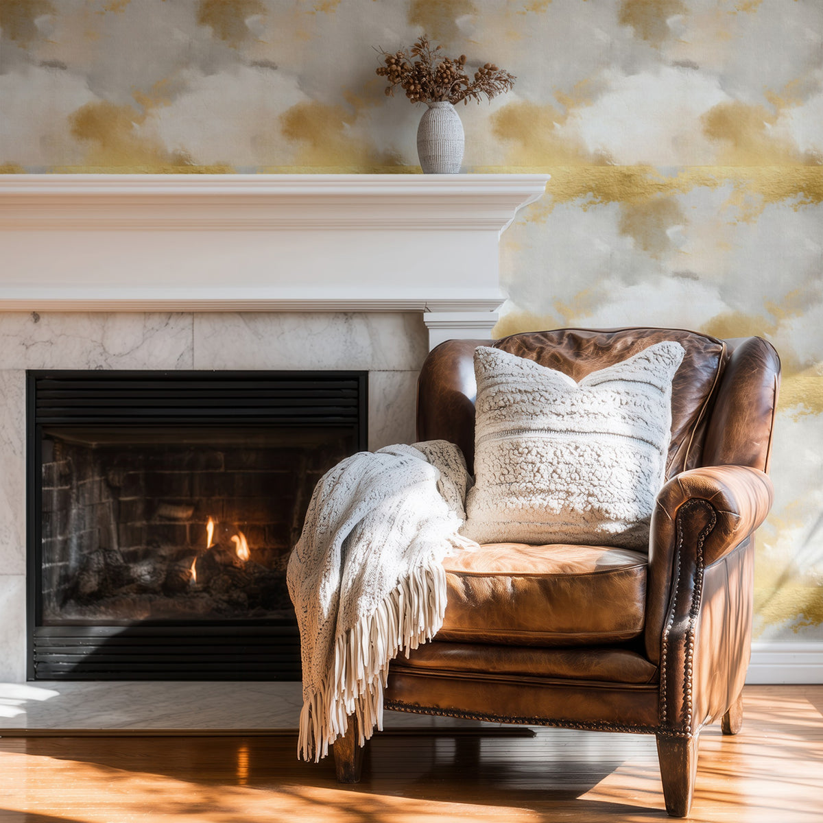 Gold Cloud large scale wallpaper in a styled room