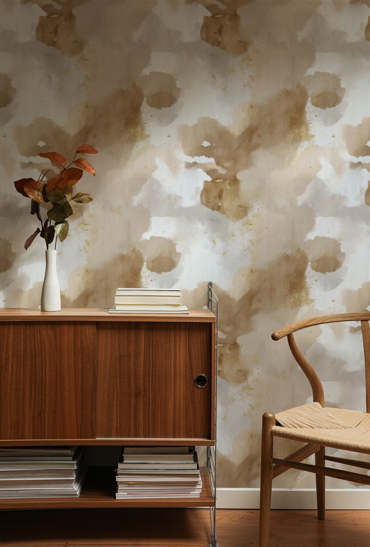 Gold Clouds large scale wallpaper in a styled room