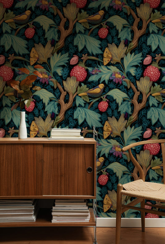 Gold Finches large scale wallpaper in a styled room