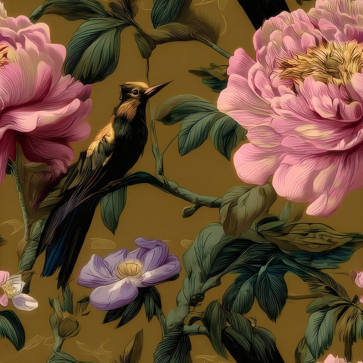 Gold Peony large scale wallpaper pattern repeat