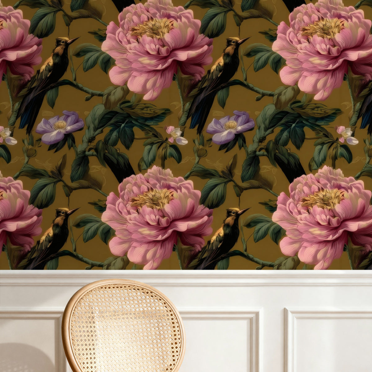 Gold Peony large scale wallpaper in a styled room