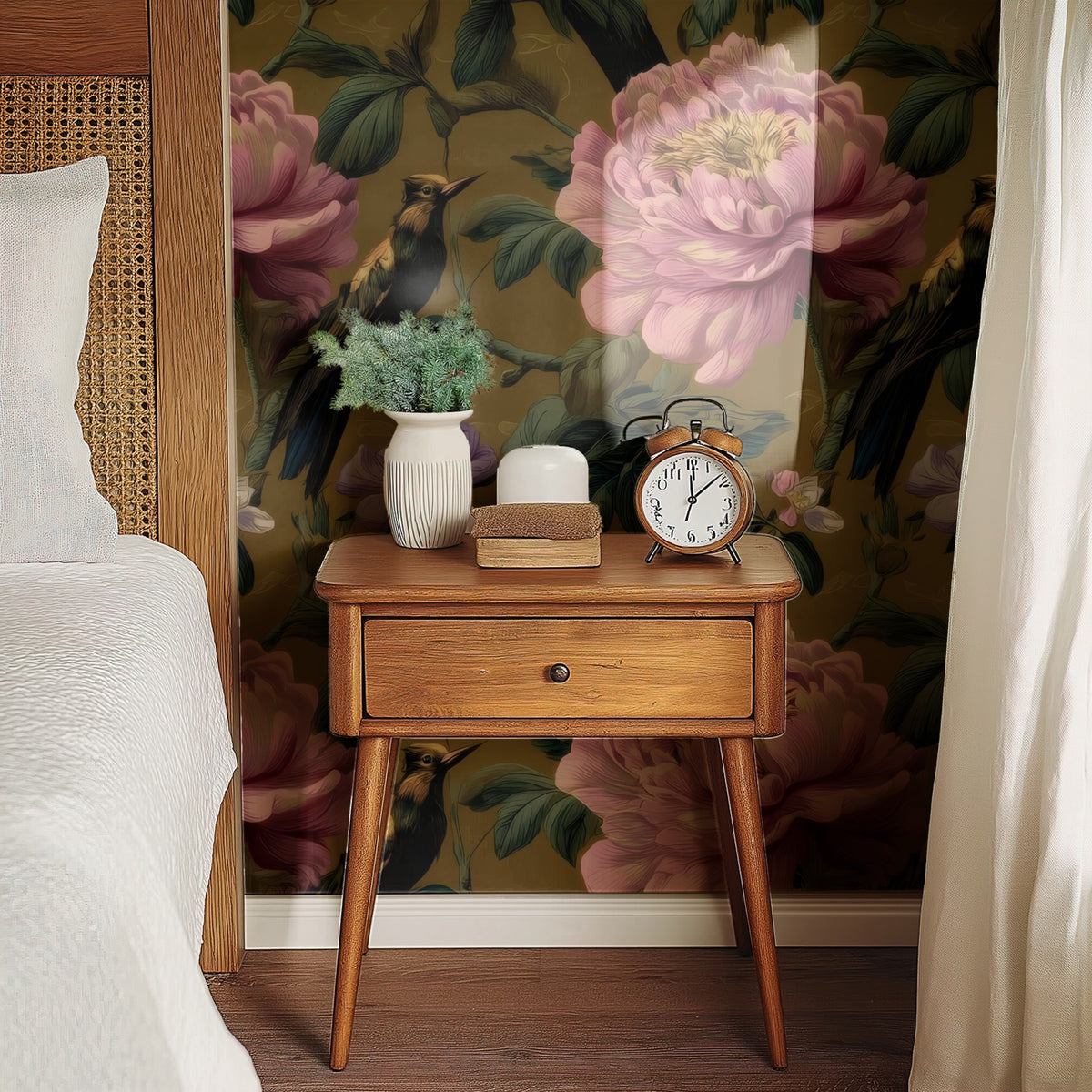 Gold Peony large scale wallpaper in a styled room