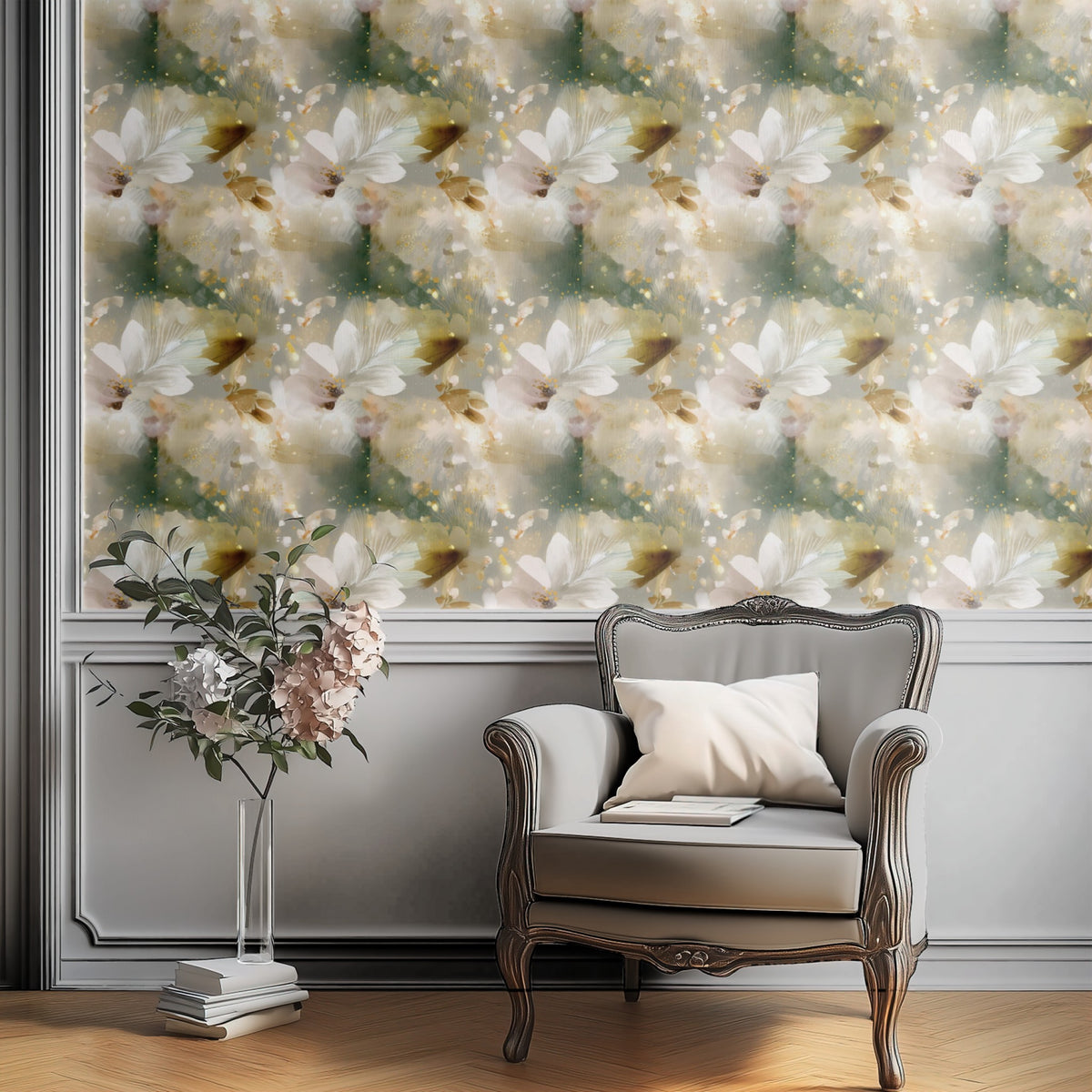 Gold Petal large scale wallpaper in a styled room
