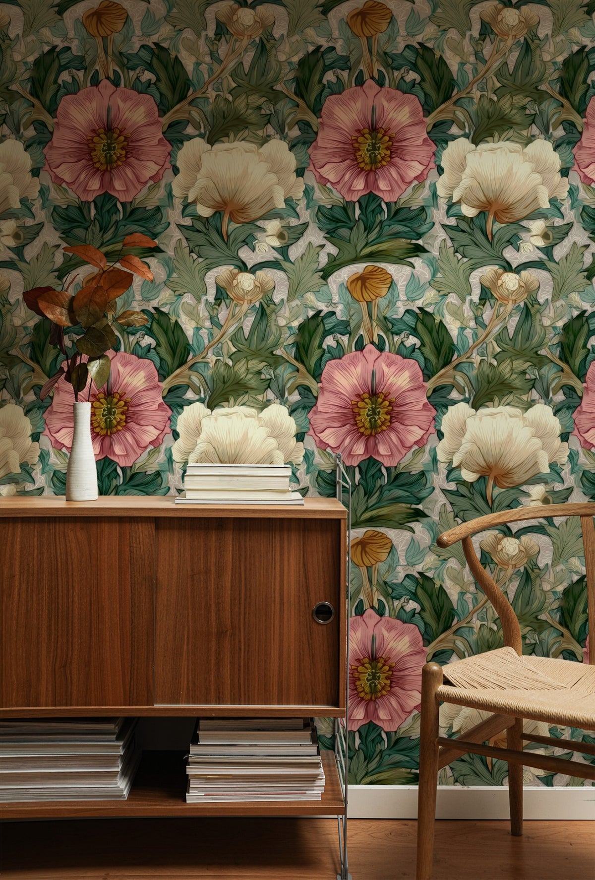 Gold Poppy large scale wallpaper in a styled room
