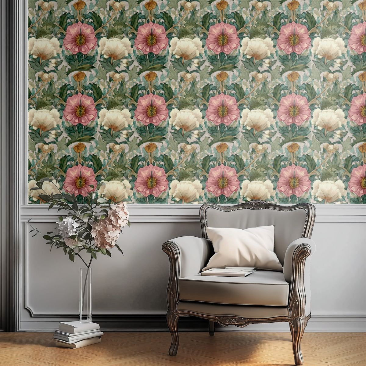 Gold Poppy large scale wallpaper in a styled room
