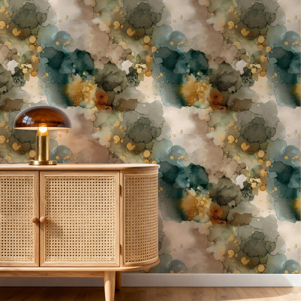Gold Speckle large scale wallpaper in a styled room