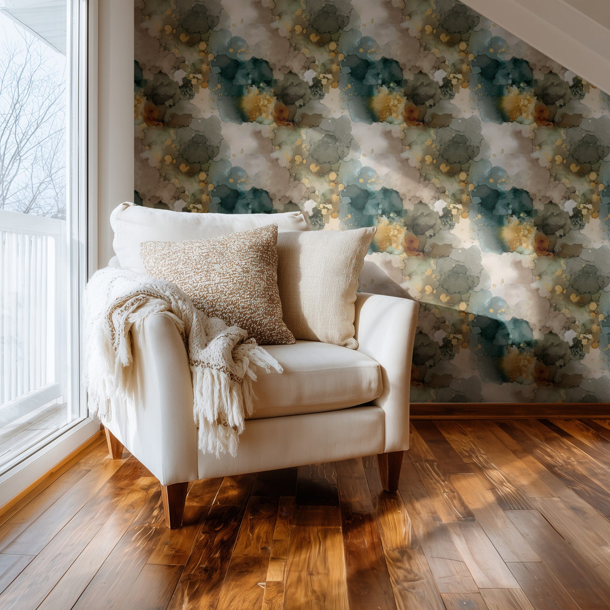 Gold Speckle large scale wallpaper in a styled room