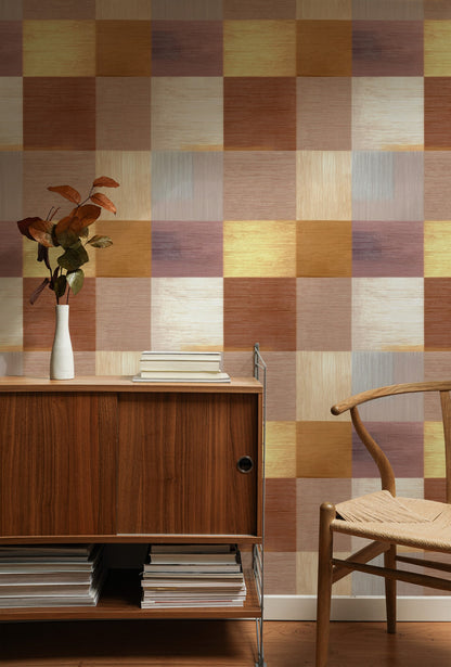 Gold Squares large scale wallpaper in a styled room