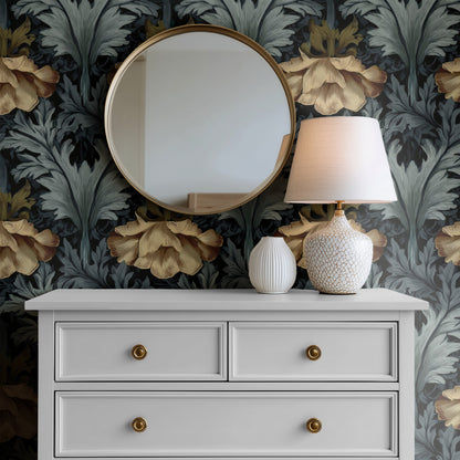 Golden Acanthus large scale wallpaper in a styled room