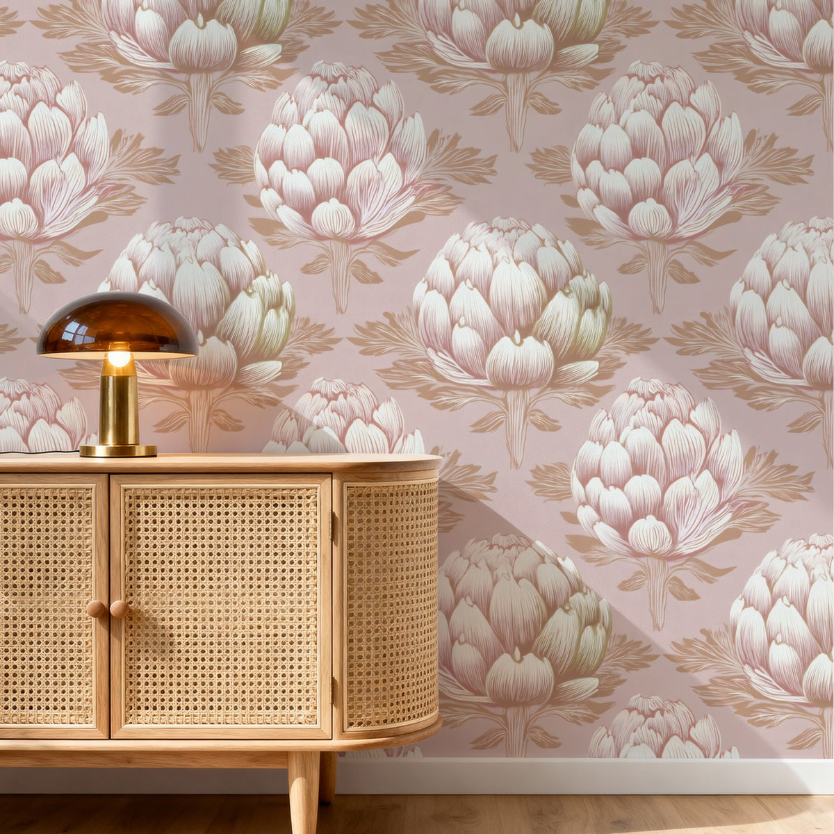 Golden Artichoke large scale wallpaper in a styled room