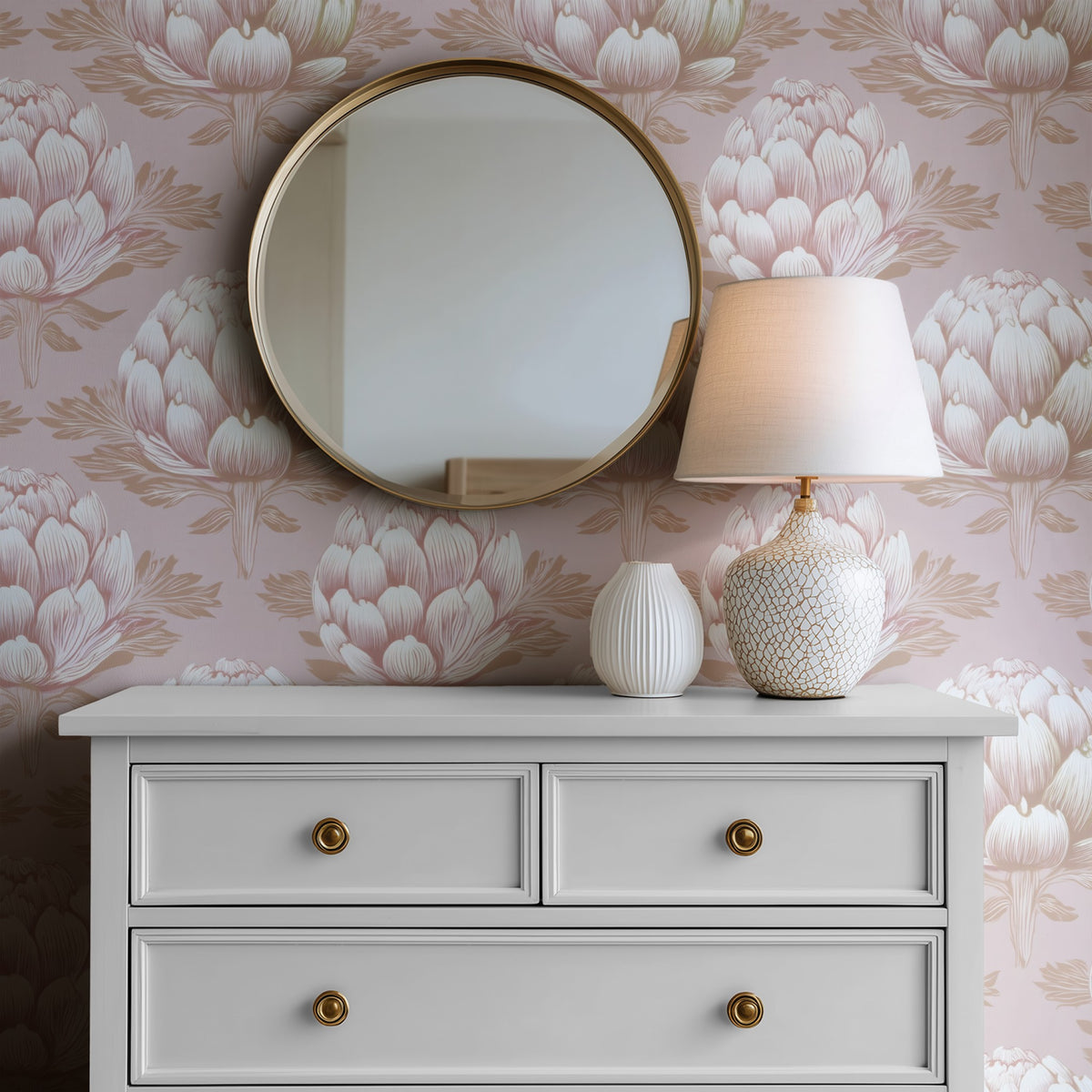 Golden Artichoke large scale wallpaper in a styled room